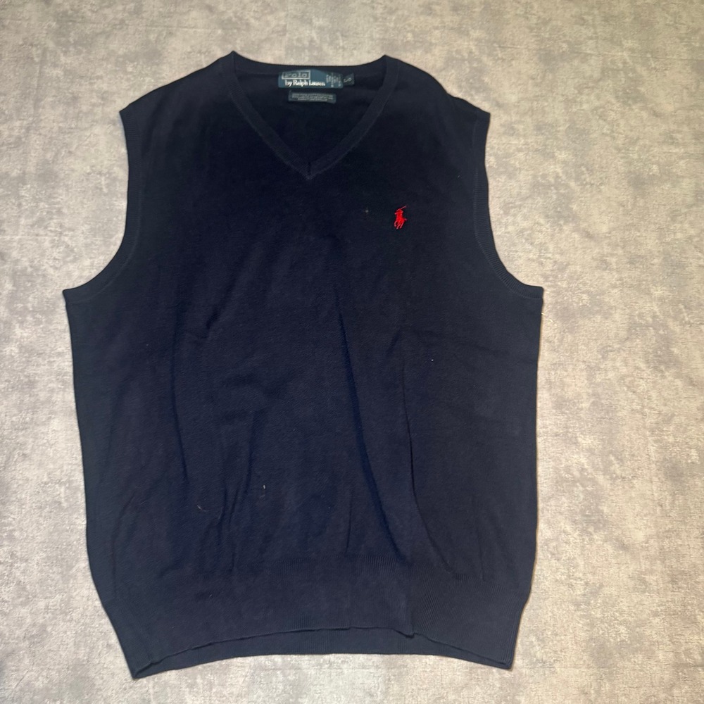Polo Ralph Lauren Mens V-Neck Sweater Vest Navy Blue Pima Cotton Large